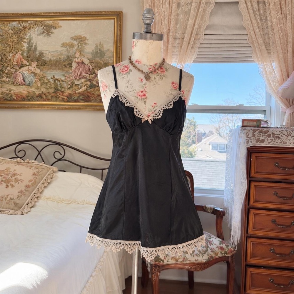 Black Lace Slip Dress Y2K Gilligan O Malley black satin slip dress size small